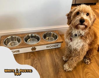 Handmade Solid Pine 3-Bowl Dog Feeder – Custom Elevated Stainless Steel Bowls ( 17cm Bowls )