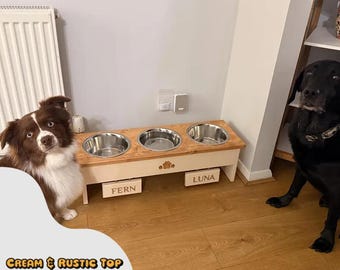 Handmade Solid Pine 3-Bowl Dog Feeder: Custom Elevated Pet Food Station ( 21cm Bowls )
