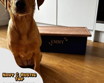 Personalized Pine Pet Feeder – Rustic Navy Dinner Stand ( Up to 2 x 29cm Bowls )
