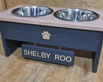 Dog/Cat Food/Water Bowl - 2 Bowl Stand/Feeder Station/Custom STAINLESS STEEL ** 17cm Bowl ** Hanging Sign
