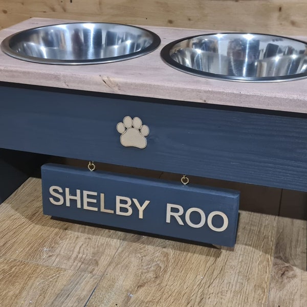 Dog/Cat Food/Water Bowl - 2 Bowl Stand/Feeder Station/Custom STAINLESS STEEL ** 17cm Bowl ** Hanging Sign