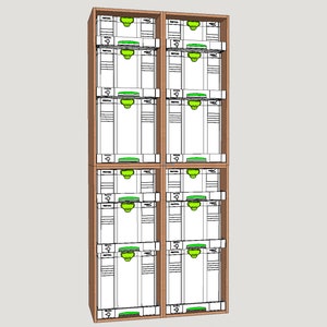 Op de afbeelding: Twee houten planken met zes witte opbergdozen met groene deksels. De dozen zijn gestapeld in twee kolommen van drie.