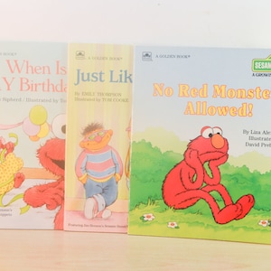 May include: Three vintage children's books from the Sesame Street series. Titles include "When Is My Birthday," "Just Like," and "No Red Monsters Allowed!" The books feature illustrations of Elmo and other Sesame Street characters.