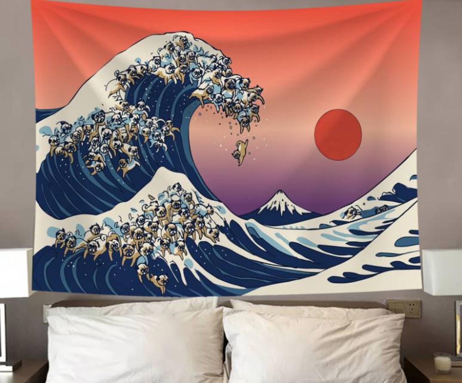 Japanese Wave Tapestry Wall Hanging Black and White Moon Etsy