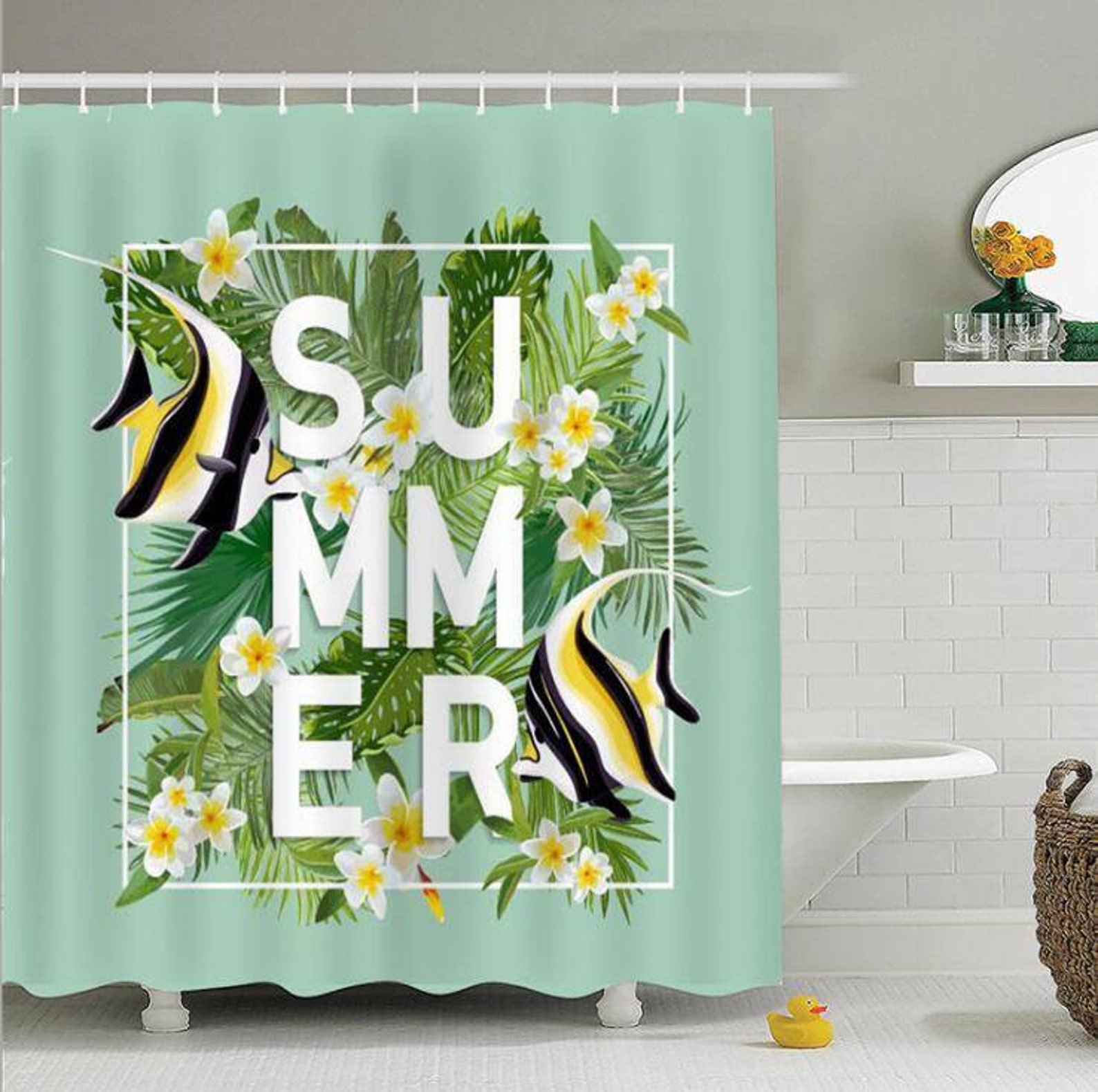 Plant Floral Bathroom Watercolor Botanical Bath Curtains Etsy