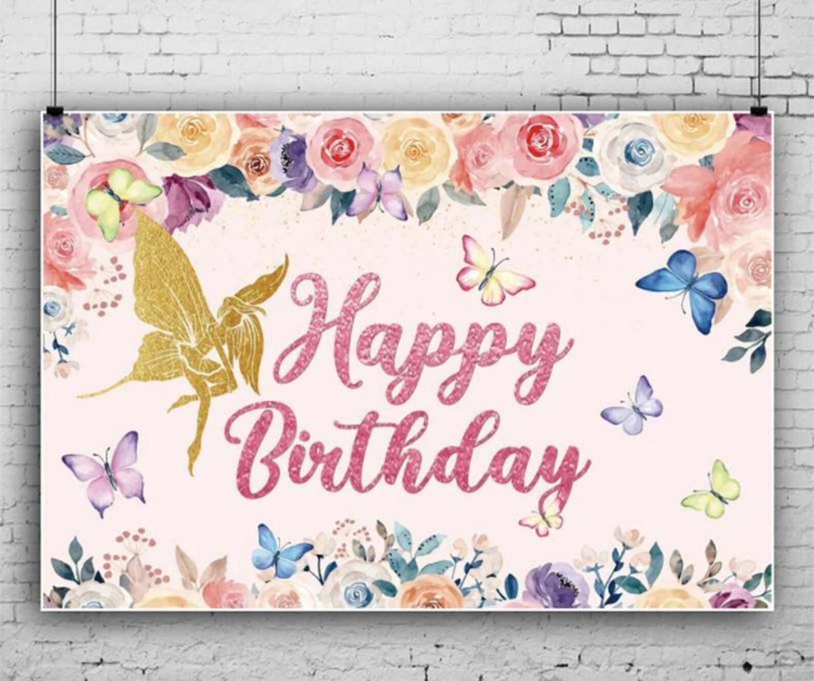 Birthday Beautiful Pink Flowers Butterfly Party Backdrop Etsy