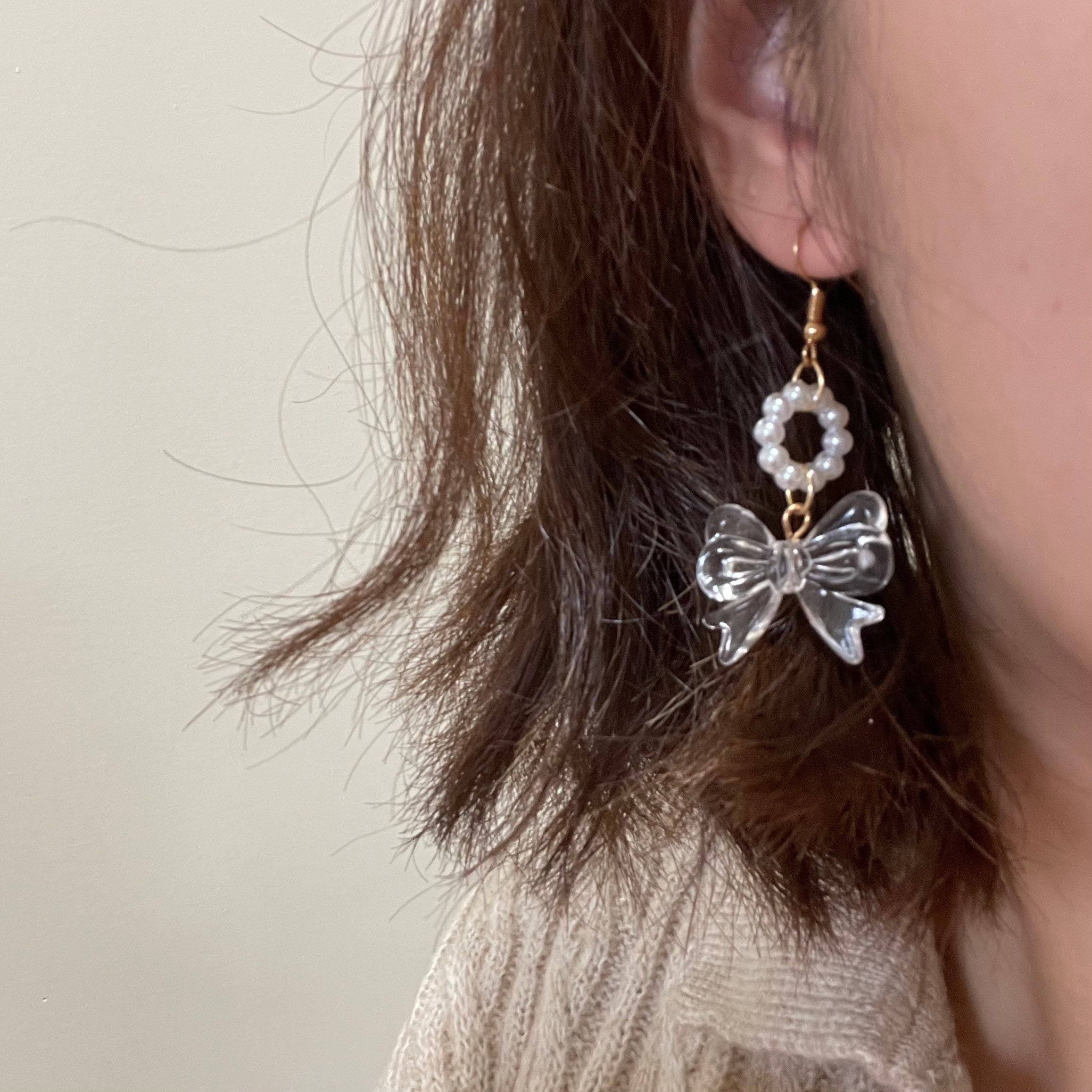 Handmade Cute Pearl and Bow Tie Earrings - Etsy