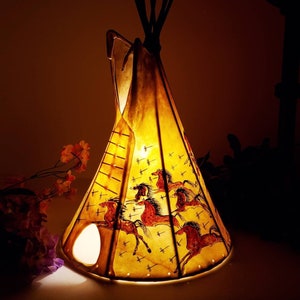 TeePee Lamp 10"x18", (Rain Horses), Rawhide teepee lamp, Handmade and painted by local artists.