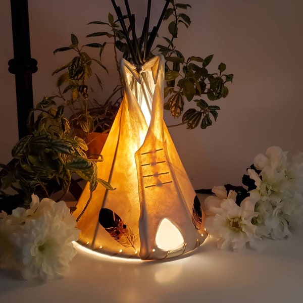TeePee Lamp 8"X14" (Tow feathers), Rawhide teepee lamp, Handmade and painted by local artists.