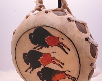 Hand Drum 9"x3" (3 Buffalo), ceremonial drum, hand made by native taosenos artists,made with Buffalo skin