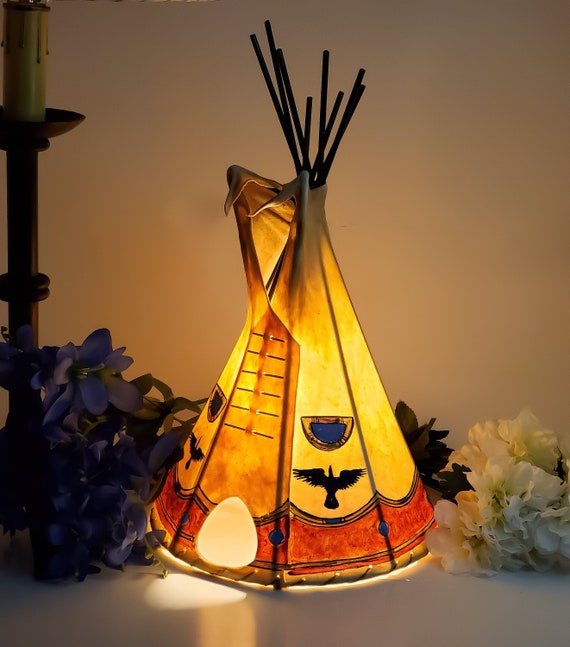 Teepee Lamp raven1 Rawhide Teepee Lamp Handmade and Painted by