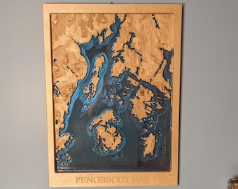 Penobscot Bay 3D Topographic Map  Wood Relief Carving
