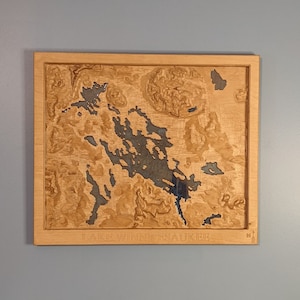 Escultura de mapa topográfico em relevo de madeira 3D do Lago Winnipesaukee