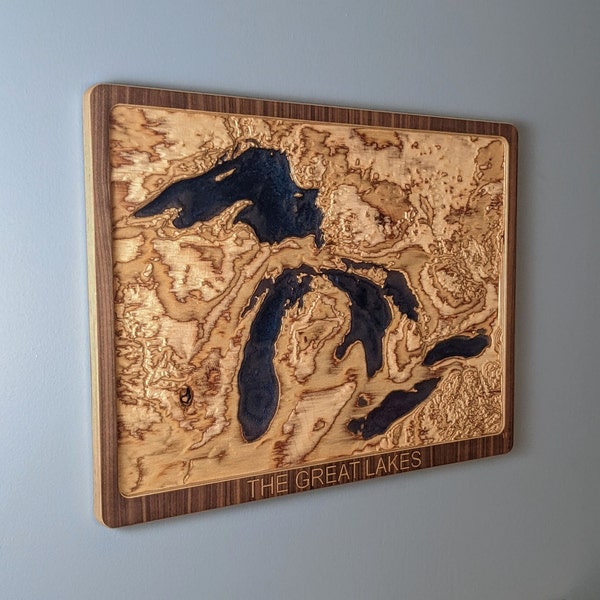 The Great Lakes 3D Topographic Map  Wood Relief Carving with Bathymetry