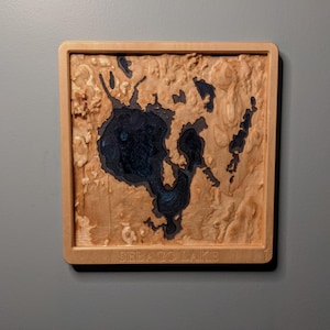 Lago Sebago Mapa topográfico 3D Tallado en relieve de madera con profundidades de agua