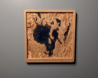 Sebago Lake 3D Topographic Map Wood Relief Carving with Water Depths