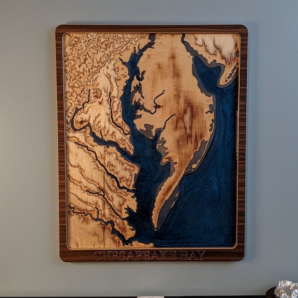 Chesapeake Bay 3D Topographic Map  Wood Relief Carving with Bathymetry