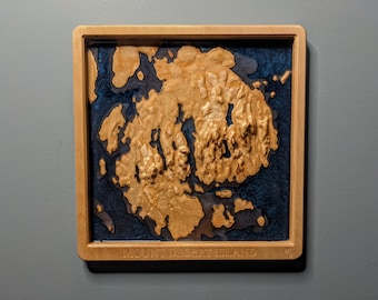 Mount Desert Island and Acadia National Park 3D Topographic Map Wood Relief Carving with Harbor Depths