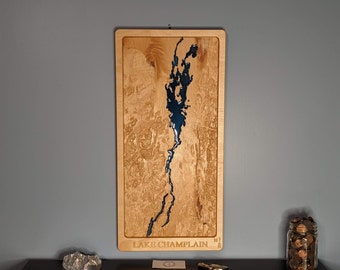 Lake Champlain 3D Map Wood Relief Carving with Adirondack Mountains, Green Mountains