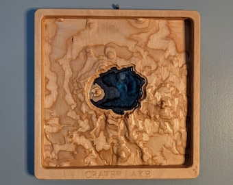 Crater Lake National Park 3D Topographic Map  Wood Relief Carving with Bathymetry