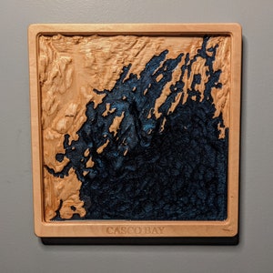 Casco Bay 3D Wood Relief Mapa topográfico Talla y carta de costa con profundidades de agua