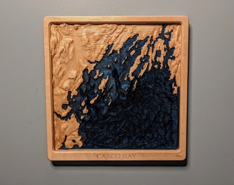 Casco Bay 3D Wood Relief Topographic Map Carving and Coast Chart with Water Depths