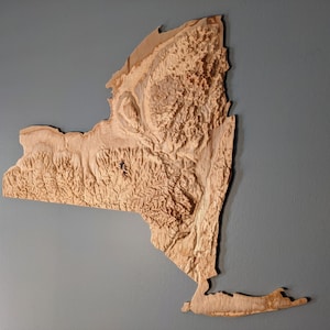 Carte topographique 3D de l’État de New York Sculpture en relief sur bois