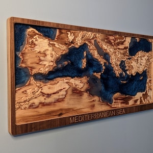Mar Mediterráneo Mapa topográfico 3D Talla en relieve de madera con batimetría