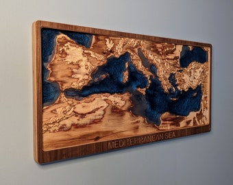 Mediterranean Sea 3D Topographic Map Wood Relief Carving with Bathymetry