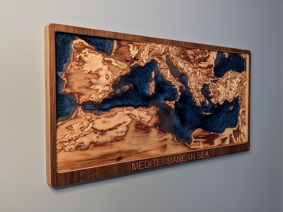 Mediterranean Sea 3D Topographic Map Wood Relief Carving with Bathymetry
