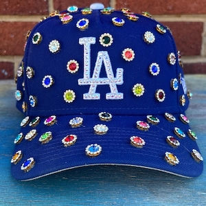 Blue LA Snapback Cap with Red & Cream Embroidered Letters & Rhinestones LOS ANGELES DODGERS NEW ERA 59FIFTY RED ROSE GLOVE BLUE CAP  main image 3