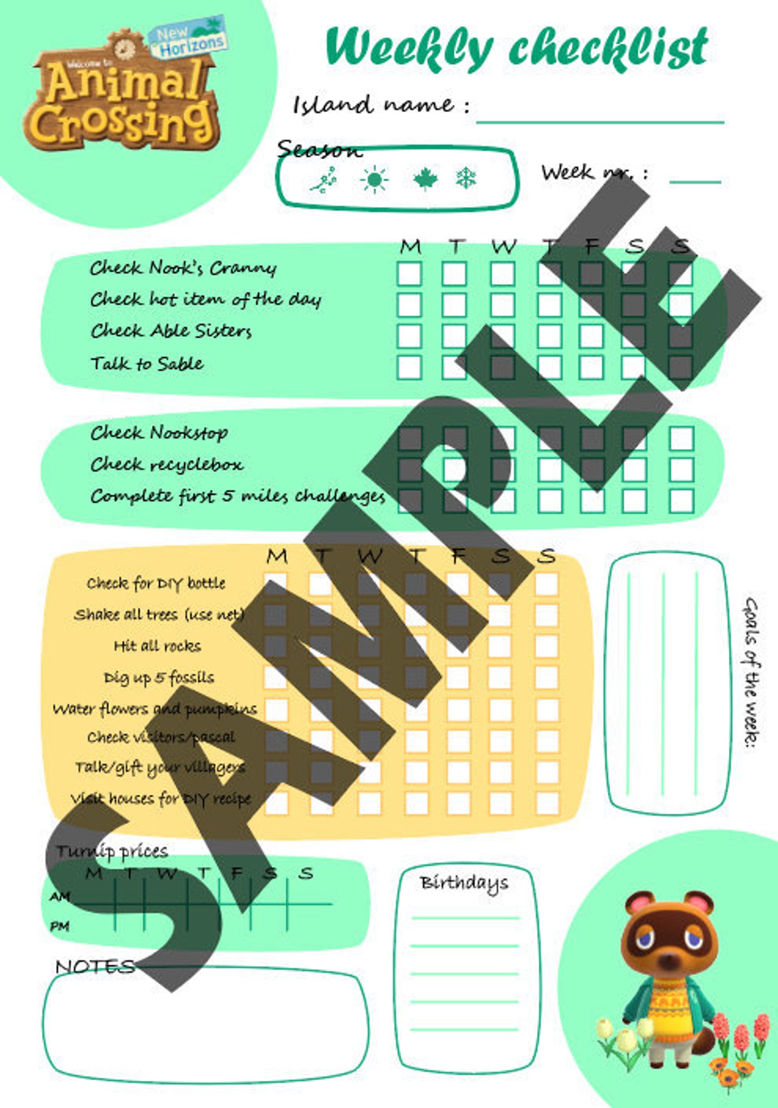 ACNH Weekly Checklist Standard Edition Etsy