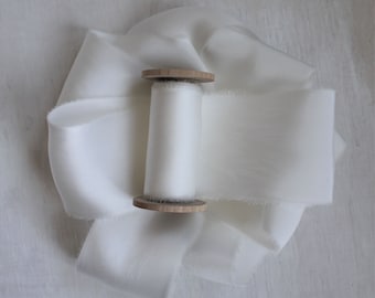 100% Silk Ribbon WHITE Ribbon hand torn, for Wedding Bouquet, charmeuse, Stationery ribbon, Gift Wrapping, Styling, Flat lays,  3 yards,