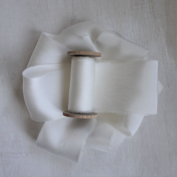 100% Silk Ribbon WHITE Ribbon hand torn, for Wedding Bouquet, charmeuse, Stationery ribbon, Gift Wrapping, Styling, Flat lays,  3 yards,