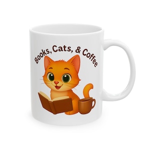 Books Cats and Coffee Mug Cute Book Lover Gift, Cat Mom Mug, Librarian Gift, Editor Gift Ceramic Mug, Orange Cat Lover, 11oz