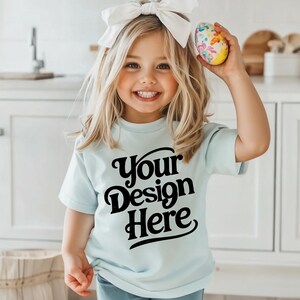 Easter Kids T-Shirt Mockup, Blue Girl Shirt Mocks, Youth Shirts Mock Up, Toddler Shirt Mock-up, Girl Mockup Kid Mockup 3001Y 64000B 500B