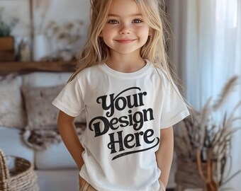 Mockup witte T-shirt voor meisjes | Wit T-shirt Bella Canvas voor peuters | Model kindermodel | Kinder-T-shirt | Minimaal neutraal boho-esthetisch konijn