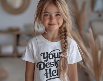 Mockup witte T-shirt voor meisjes | Wit T-shirt Bella Canvas voor peuters | Model kindermodel | Kinder-T-shirt | Minimaal neutraal boho-esthetisch konijn