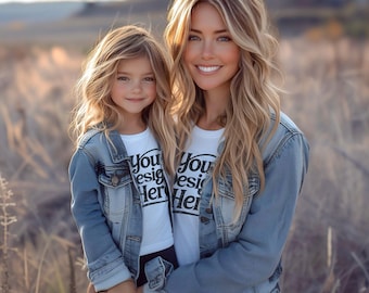 Mommy & Me Bella Canvas 3001 White Tshirt Mockup | White T shirt Mocks | Mom Child Model Mock | Children's Tee | Neutral Boho Aesthetic Mock