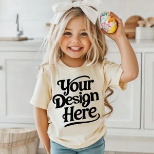 Easter Kids T-Shirt Mockup, Ivory Girl Shirt Mocks, Natural Youth Shirts Mock Up, Toddler Shirt Mock-up, Girl Mockup Kid 3001Y 64000B 500B