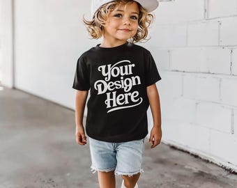 Boy's Black Tshirt Mockup | Black Toddler Boy T-shirt Bella Canvas | Child Model Mock | Children's Tee | Minimal Neutral Aesthetic Rabbit