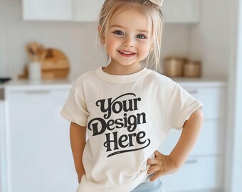 Mockup witte T-shirt voor meisjes | Wit T-shirt Bella Canvas voor peuters | Model kindermodel | Kinder-T-shirt | Minimaal neutraal boho-esthetisch konijn
