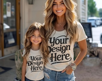Mommy & Me Bella Canvas 3001 White Tshirt Mockup | White T shirt Mocks | Mom Child Model Mock | Children's Tee | Neutral Boho Aesthetic Mock