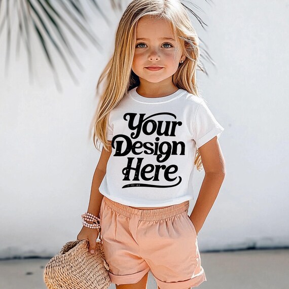 Toddler Girl Shirt Mockup Youth T-Shirt Mockup PNG Peach Shorts Girl Mockup Kids Blank Tee Mockup Coquette Summer Girl Shirt Mockup