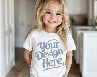 Girl's White Tshirt Mockup | White Toddler T-shirt Bella Canvas | Child Model Mock | Children's Tee | Minimal Neutral Boho Aesthetic Rabbit