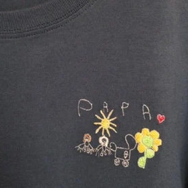 Kinderkunst gestickt auf Shirts für ganz große Jungs