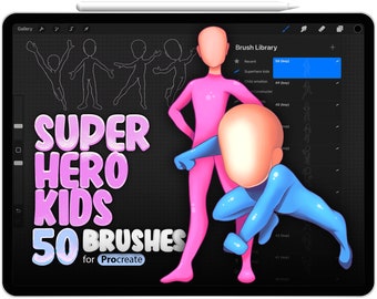 50 Superhero Kids-borstels voor Procreate, Superheldenmeisjes voor Procreate, Superheldenjongens voor Procreate, Super Hero Poses-stempelborstels