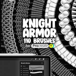 Puede incluir: Una ilustración digital de 110 pinceles de Procreate para crear diseños de armaduras de caballero. Los pinceles se muestran en una variedad de estilos, incluyendo cota de malla, armadura de placas y cascos. El texto "KNIGHT ARMOR 110 BRUSHES for Procreate +" se muestra en letras grandes y en negrita.