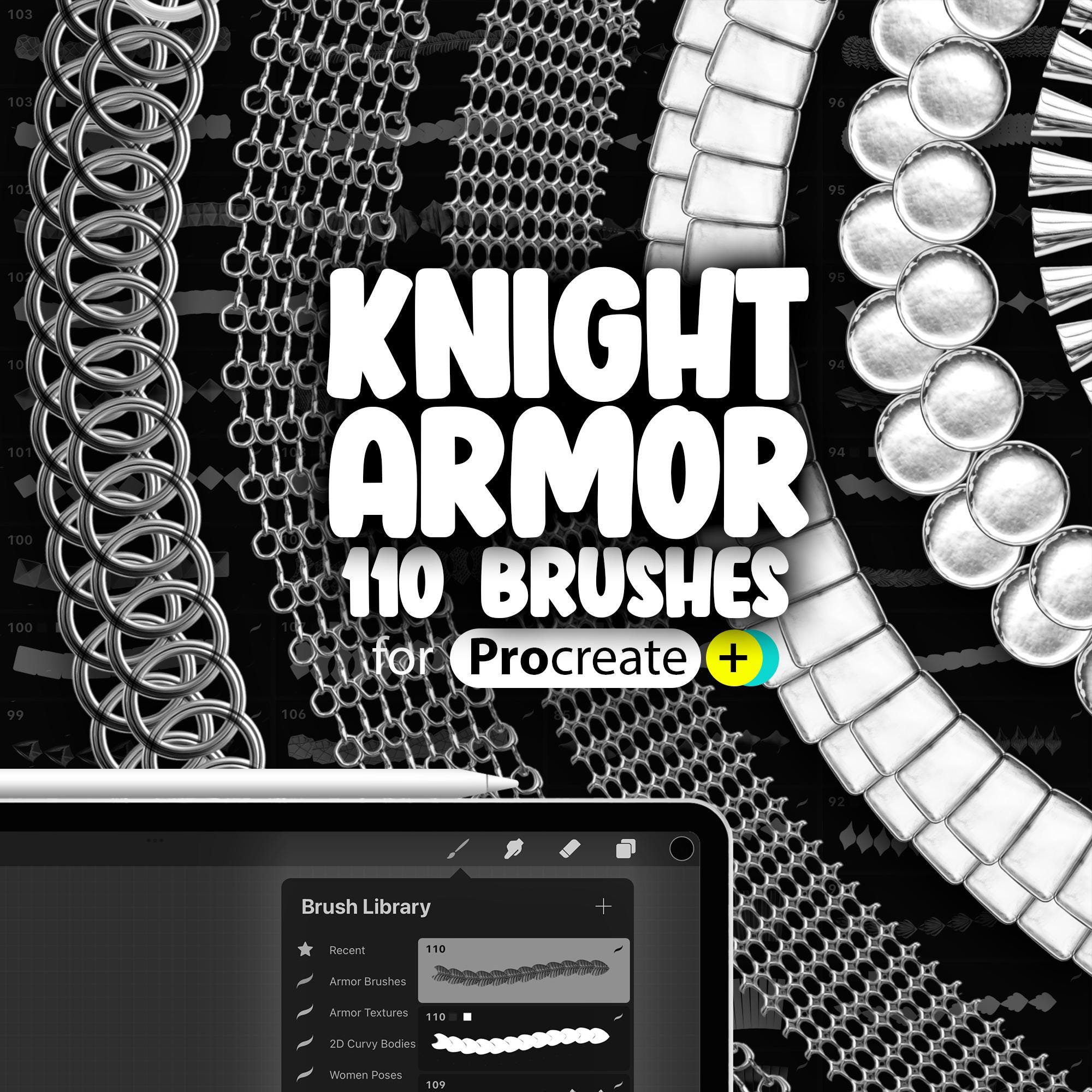 110 Procreate Knight Armor Brushes — Chainmail, Plate, and Royal Armor Stamp Set