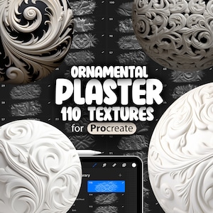 May include: A digital illustration of 110 ornamental plaster textures for Procreate. The textures feature intricate floral designs in white on a black background. The image also shows a digital tablet with a Procreate app open.